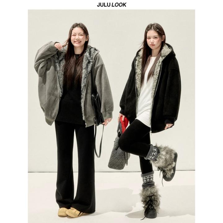 巨鹿工作室“享自由”微胖mm毛毛内里保暖连帽麂皮厚外套大码上衣