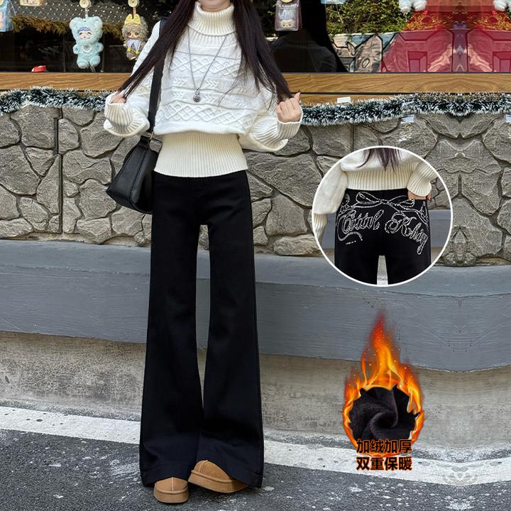 加绒烫钻黑色喇叭牛仔裤女秋冬2025新款宽松潮流时髦小个子直筒裤