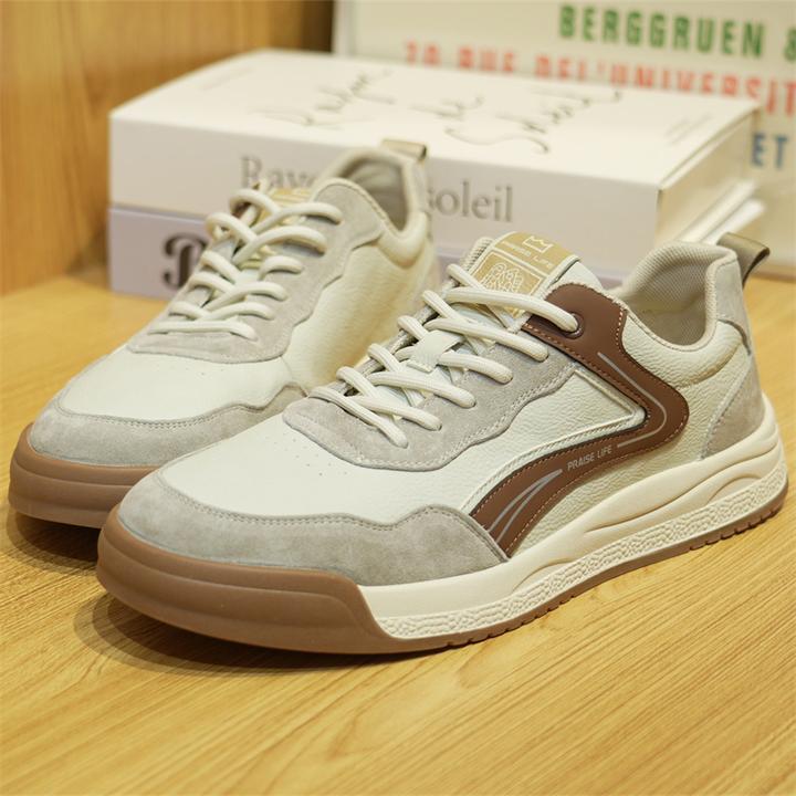 秋季男士拼色时尚百搭运动休闲鞋男款真皮透气轻质厚底板鞋3Y111