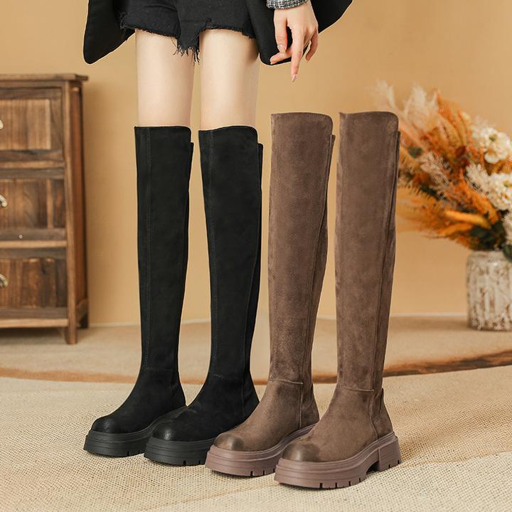韩版擦色复古过膝长筒靴小个子2024秋冬新款厚底瘦瘦靴弹力长靴女