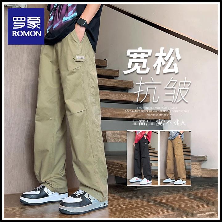 罗蒙夏季纯棉休闲裤2025新款垂感阔腿工装长裤子宽松运动薄款男裤