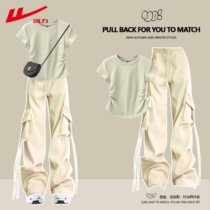 回力女纯棉运动夏季修身夏装工装裤短袖t恤衫多巴胺两件套装显瘦