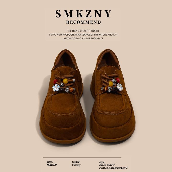 美拉德厚底勃肯鞋女2025秋季新款鞋子百搭时尚绒面圆头增高乐福鞋