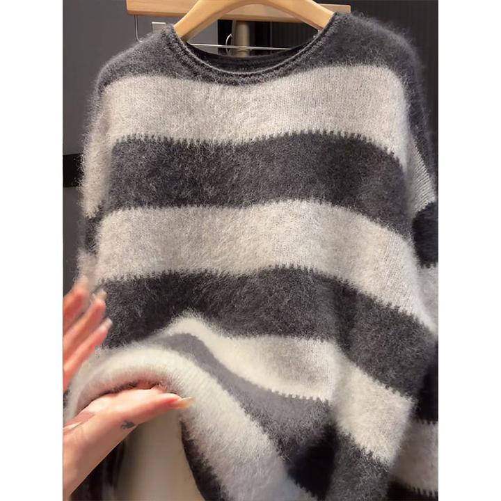 撞色条纹针织毛衣女2025秋冬新款时尚宽松减龄百搭气质慵懒感上衣