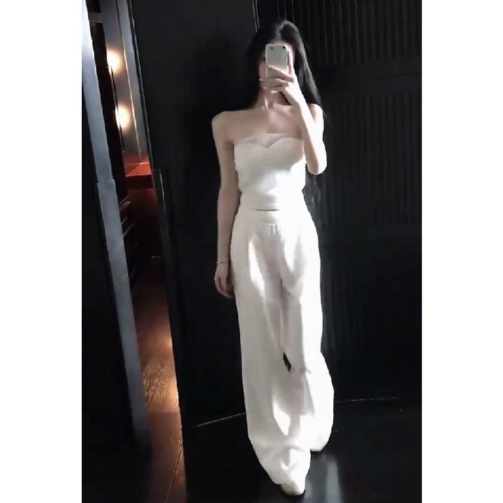 2025夏季新款设计感气质甜辣妹性感抹胸上衣配高腰修身显瘦休闲裤