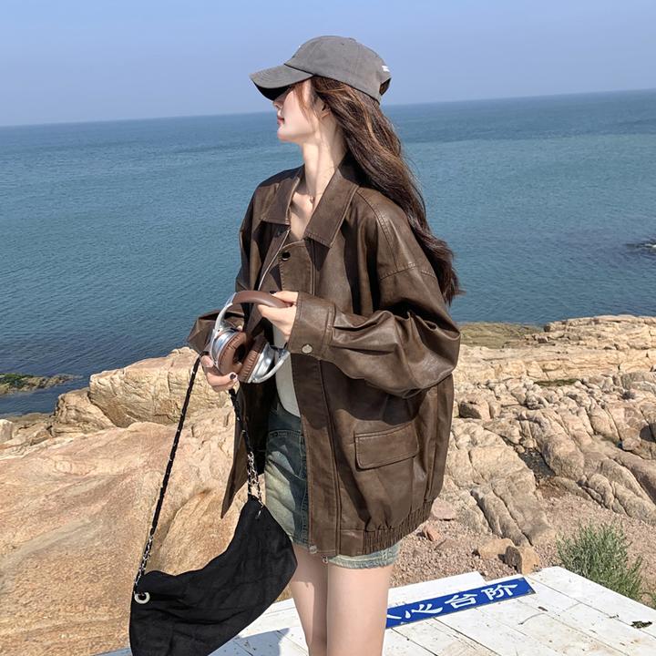 美拉德复古PU皮衣外套女2025春秋新款韩系高级感炸街机车风皮夹克