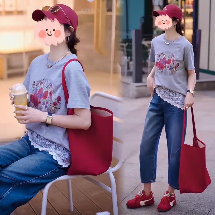 早春新款美式正肩印花短袖女宽松百搭小清新圆领上衣时尚牛仔裤女