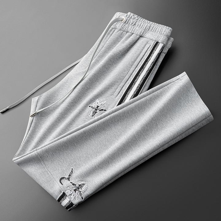 利尼科比利秋季时尚男撞色蜜蜂刺绣织带拼接空气层太空棉直筒卫裤
