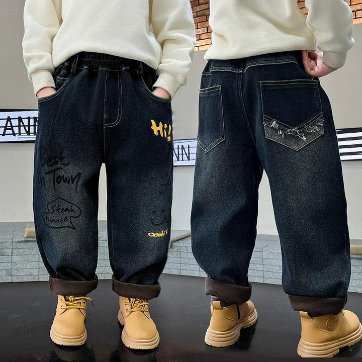 男童加绒冬款2025新款儿童一体绒加厚牛仔裤男孩儿童加绒裤子