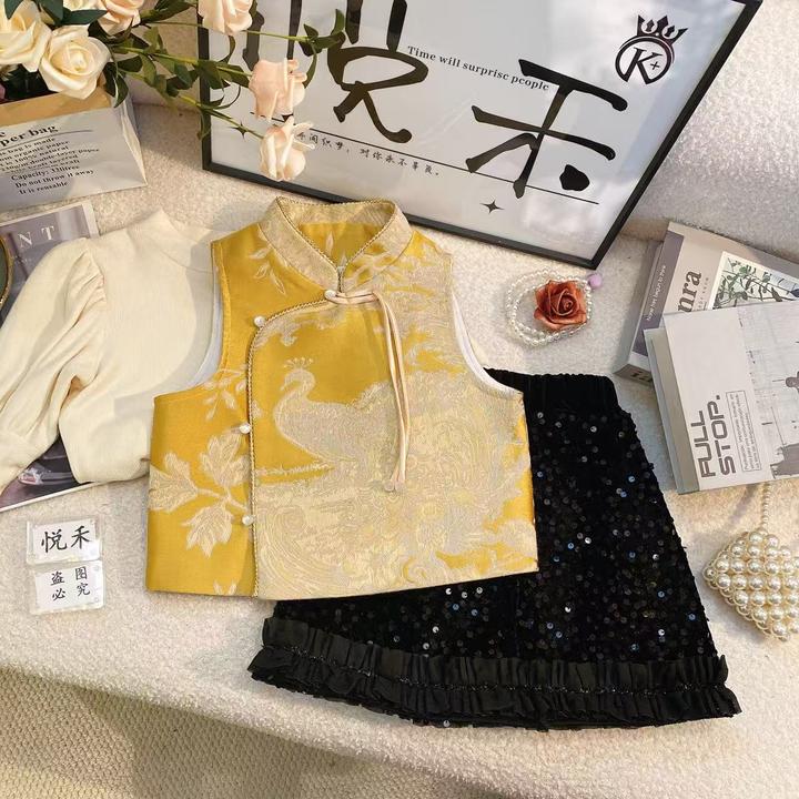 M女童萌娃春季新款新中式儿童洋气中国风女宝裙子女童套装7430