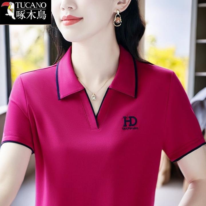 啄木鸟时尚刺绣短袖商务风T恤中年女减龄夏装2025年新款翻领上衣