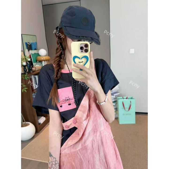 PCNY「撞色喵袋」不理理夏季新款小众女装刺绣猫咪休闲宽松短袖T恤