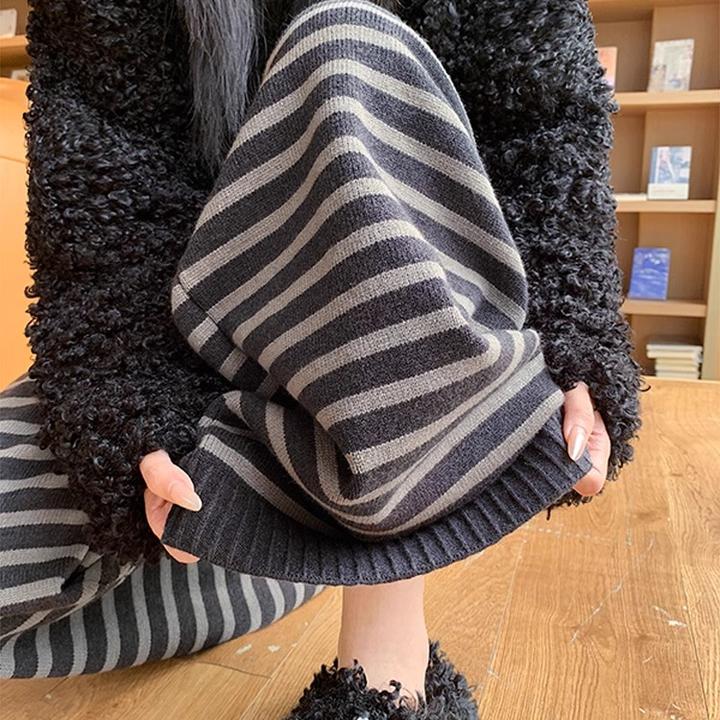 灰色条纹针织阔腿裤女秋冬2024新款高腰垂感显瘦慵懒宽松休闲卫裤