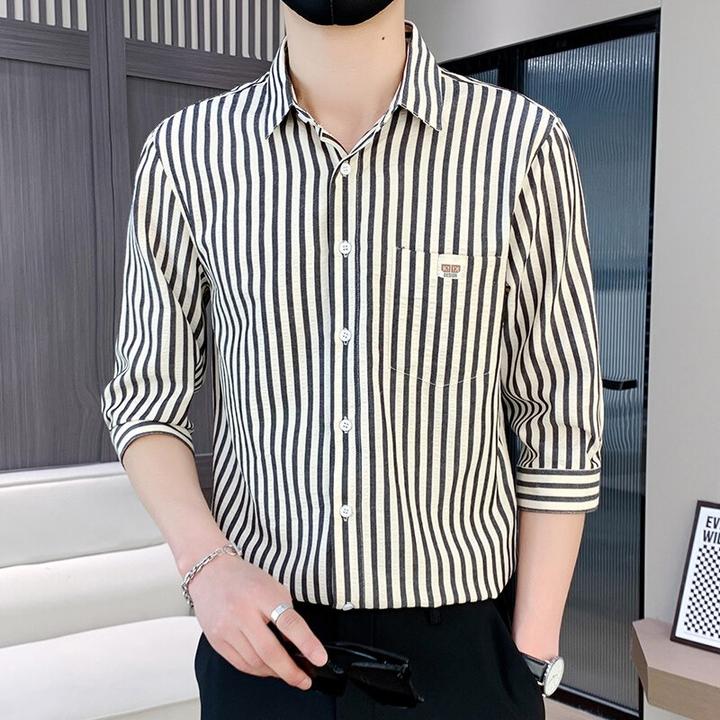 夏季条纹短袖衬衫男潮牌新款男装七分袖上衣服高级感痞帅休闲衬衣