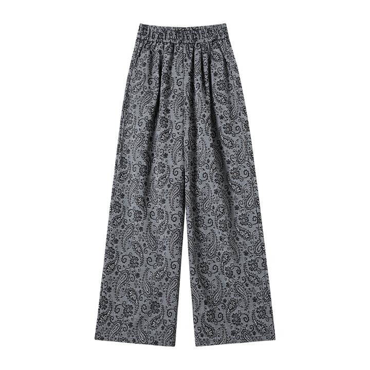 TUBREIT/图百年时尚腰果花印花棉麻感复古提花松紧腰阔腿裤休闲裤