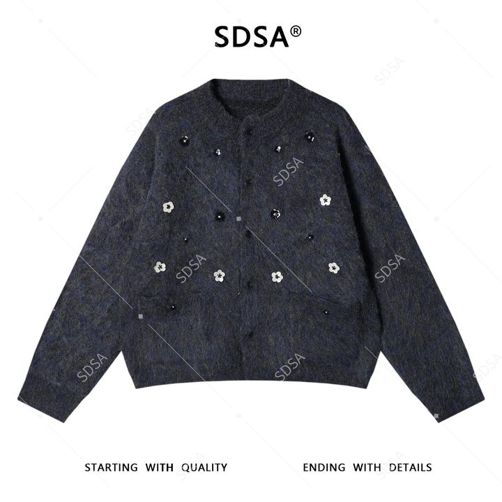 SDSA秋冬新款痞帅男装潮牌重工立体花朵装饰圆领针织衫百搭毛衣潮