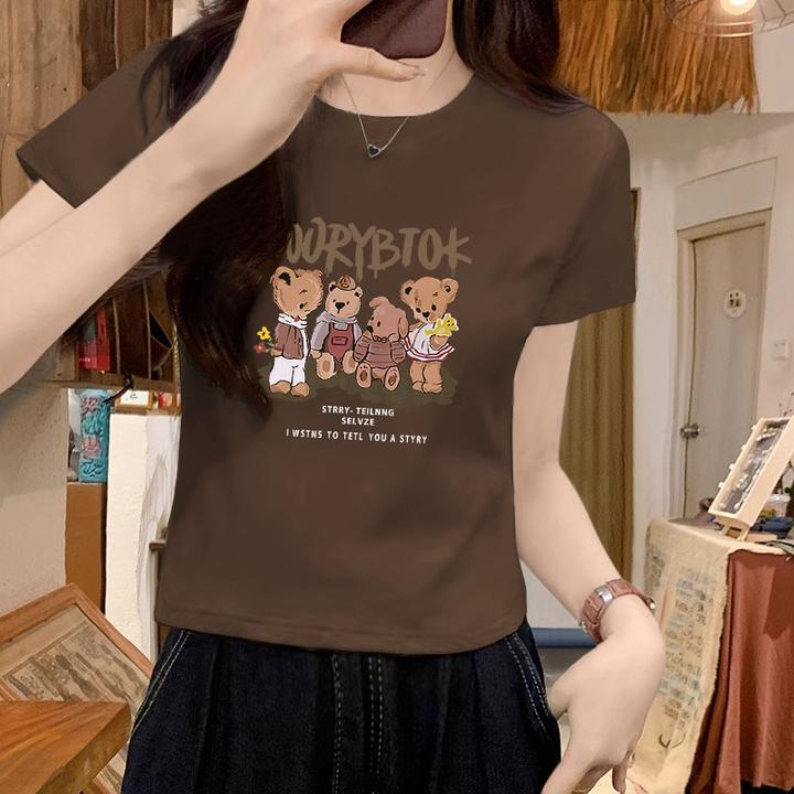 短款高腰百搭小个子上衣女2025夏季100%纯棉印花小众圆领大码T恤