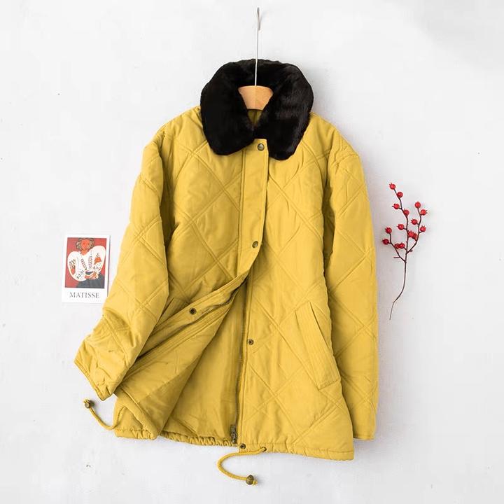 女士绗缝棉服拉链款02372下摆防风绳菱形格子保暖舒适毛领可脱卸