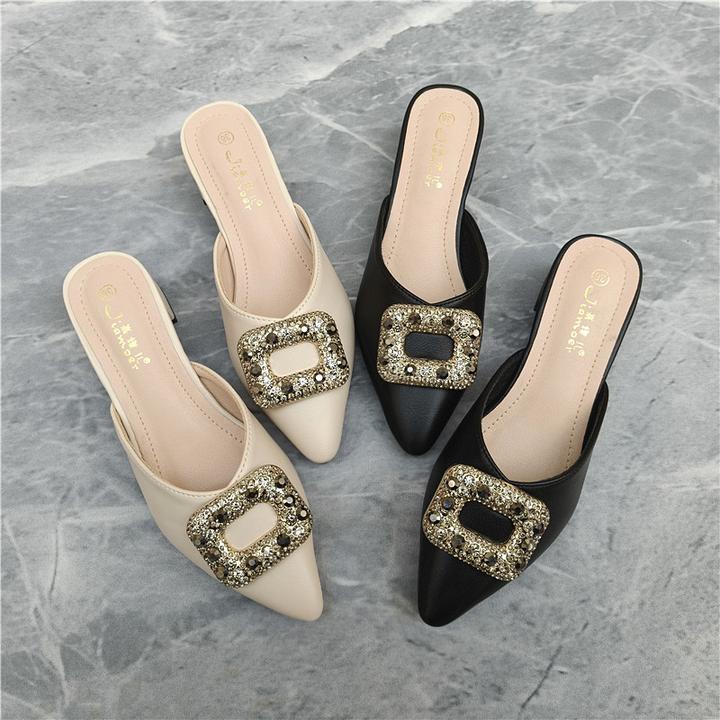 法式粗跟半拖鞋女外出2025年秋季新款尖头包头半拖外穿穆勒凉拖鞋