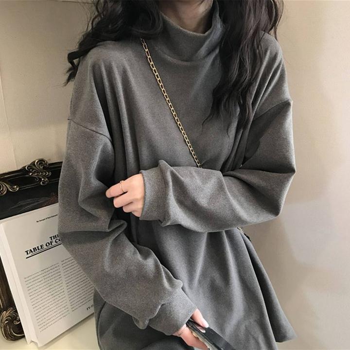 德绒半高领打底衫内搭秋冬中长款胖mm宽松大码长袖T恤保暖上衣潮