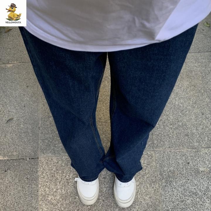 美式复古水洗深蓝色宽松直筒牛仔裤男女时尚百搭休闲裤子