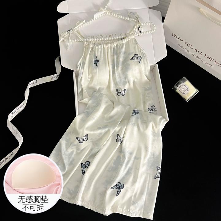 吊带睡裙女生夏季冰雪丝大码睡衣凉感带胸垫国风蝴蝶可外穿家居服