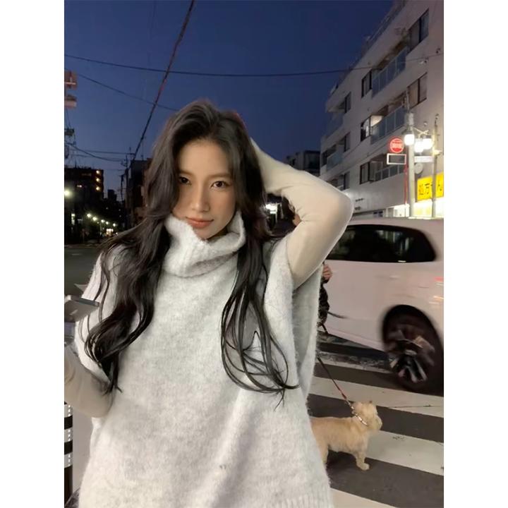 2024秋冬新款时尚简约百搭打底衫高领宽松针织马甲高腰格纹半身裙