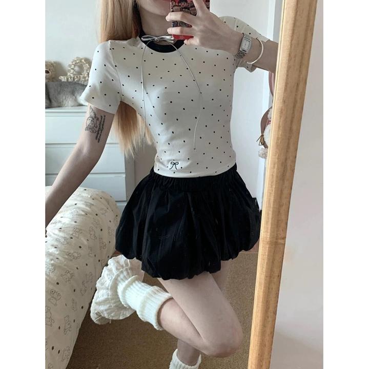 韩系穿搭白色波点正肩短袖t恤女夏季甜辣妹修身纯欲别致短款上衣