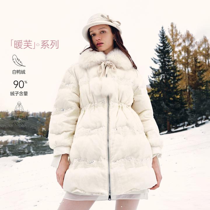 MISSCOCOON可可尼蕾丝白色外套女2025秋冬新款宽松狐狸毛领羽绒服
