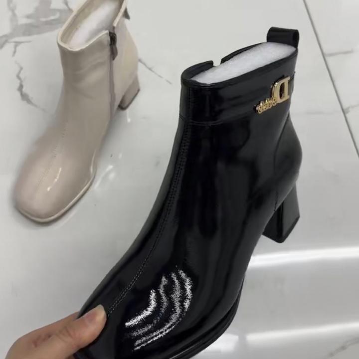 极简风粗跟漆皮短靴黑色粗跟靴子秋冬靴子百搭时尚