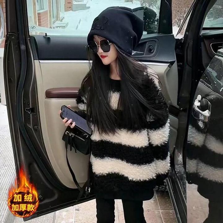 巴拉优选女大童黑白条纹卫衣秋冬季加绒加厚2025中大童时髦洋气宽