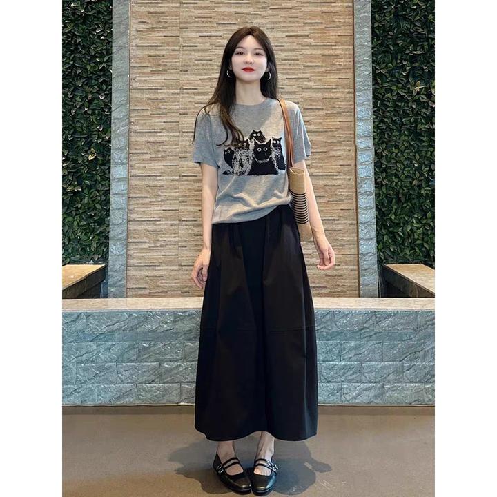 夏季减龄多巴胺一整套穿搭韩系小个子灰色正肩卡通T恤半身裙套装
