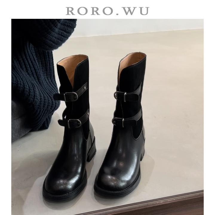 娆娆吴·真皮英伦风皮带扣中筒靴冬季新款粗跟不过膝骑士靴女Z122
