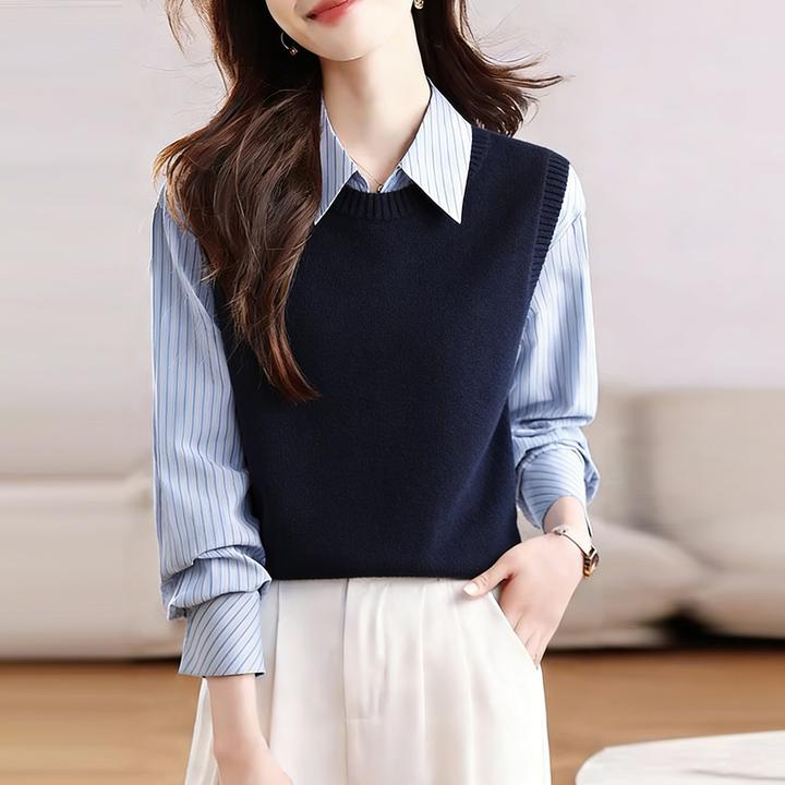 圆领针织衫毛衣马甲叠穿条纹衬衫套装女春秋新款坎肩背心两件套潮