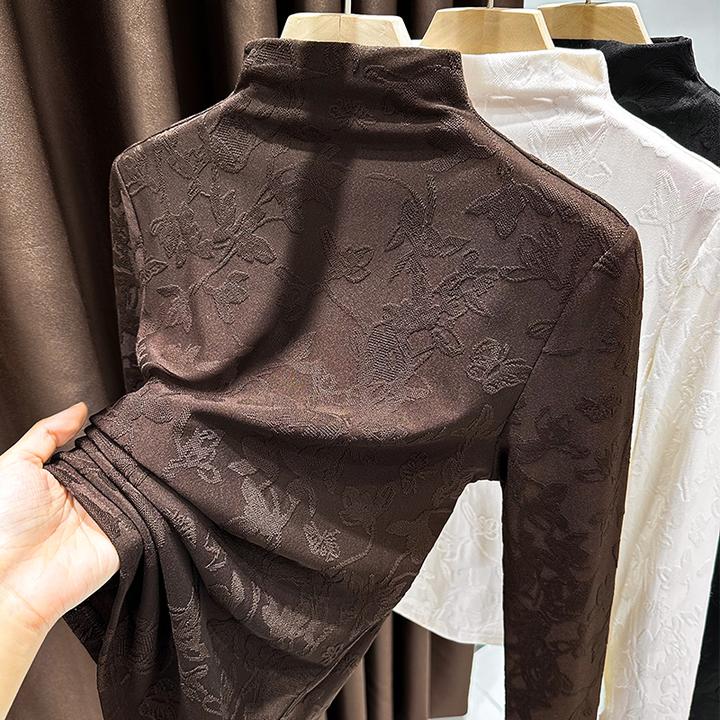 美拉德色系提花立领打底衫可外穿亲肤柔软磨毛修身半高领气质上衣