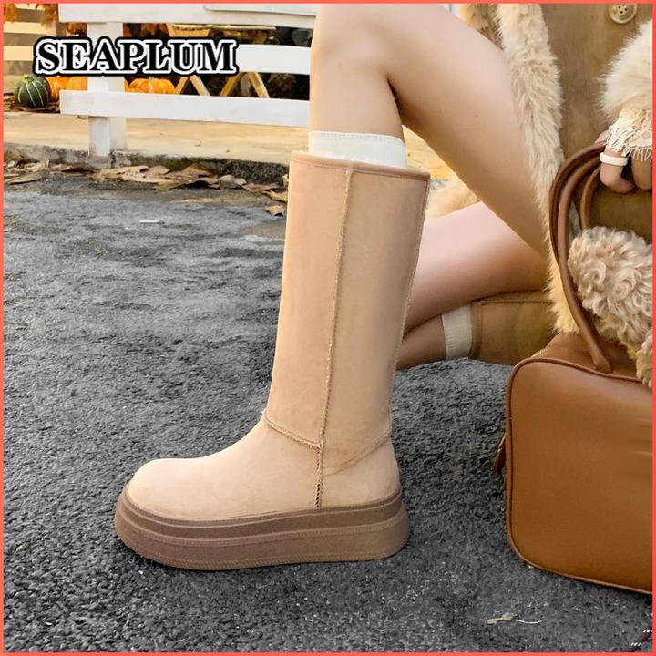 SEAPLUM5cm厚底雪地靴女冬季2025新款加绒防滑保暖骑士靴增高东北