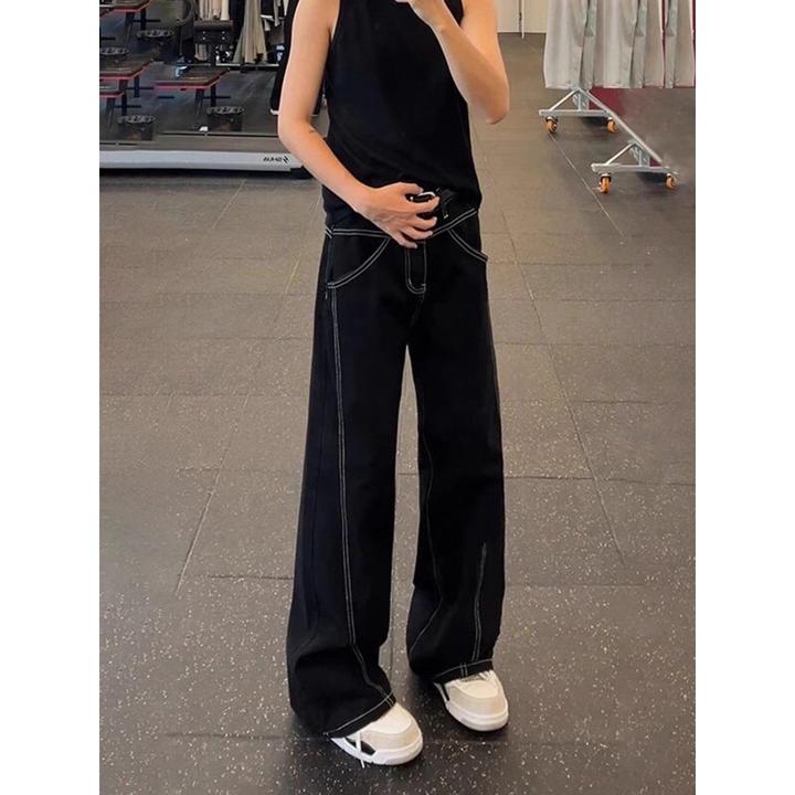 设计感辑明线轮廓黑色牛仔裤男女同款百搭新款潮牌高级感阔腿裤潮