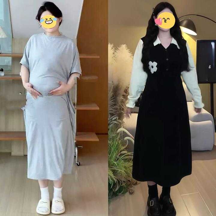 大码黑色针织拼接毛衣假两件连衣裙女秋冬季胖mm梨形身材显瘦长裙