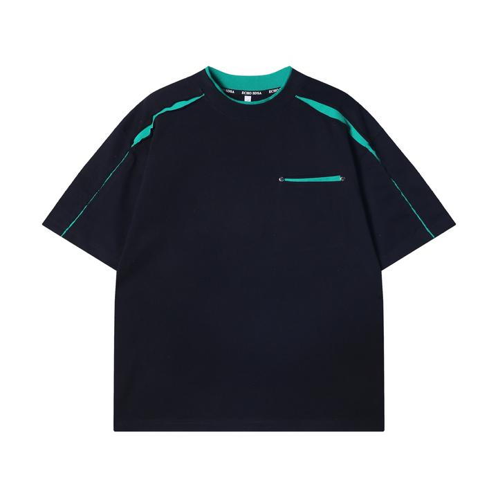 夏季高级感新款个性撞色裁剪简约圆领短袖T恤休闲情侣宽松上衣