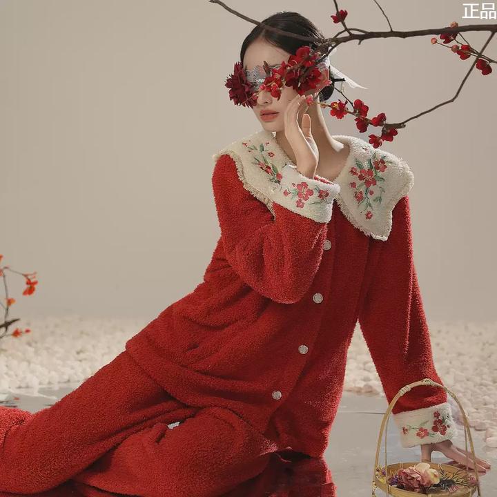 松子壳新中式国风睡衣女秋冬季睡袍长款加绒加厚珊瑚绒家居服套装