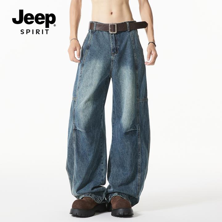 JEEPSPIRIT美式复古蓝弯刀牛仔裤秋季男裤宽松直筒阔腿裤子百搭