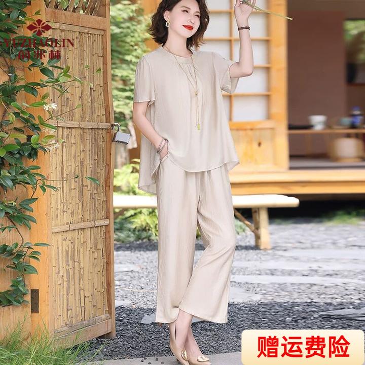 俞兆林妈妈夏装短袖套装洋气2025新款贵夫人仿仿真丝上衣中老年女