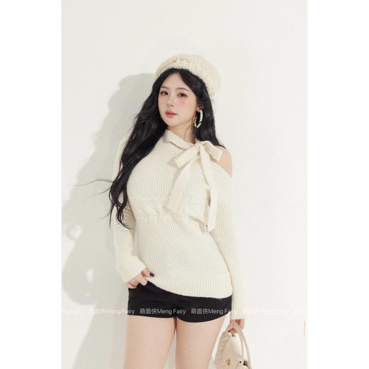 现货萌面侠【小樽情书】气质露肩立体绞花设计感羊毛毛织上衣7138M