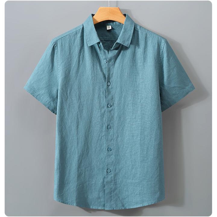纯亚麻衬衫男短袖夏季薄款透气麻布寸衫男装翻领宽松半袖棉麻衬衣
