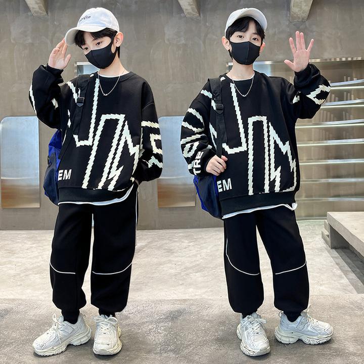 男童秋装套装2025新款中大童时尚假两件男孩宽松韩版春秋季两件套