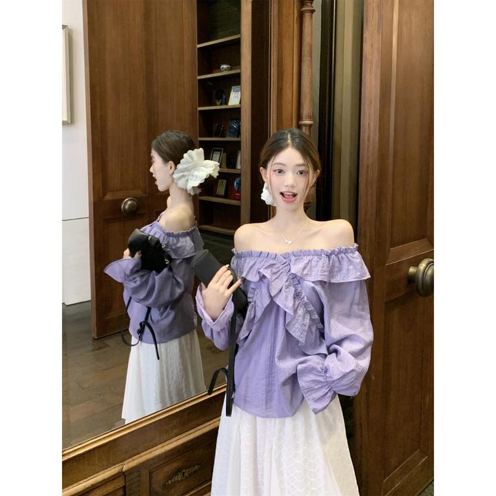 法式紫色荷叶边v领长袖衬衫女装早秋设计感宽松衬衣独特别致上衣