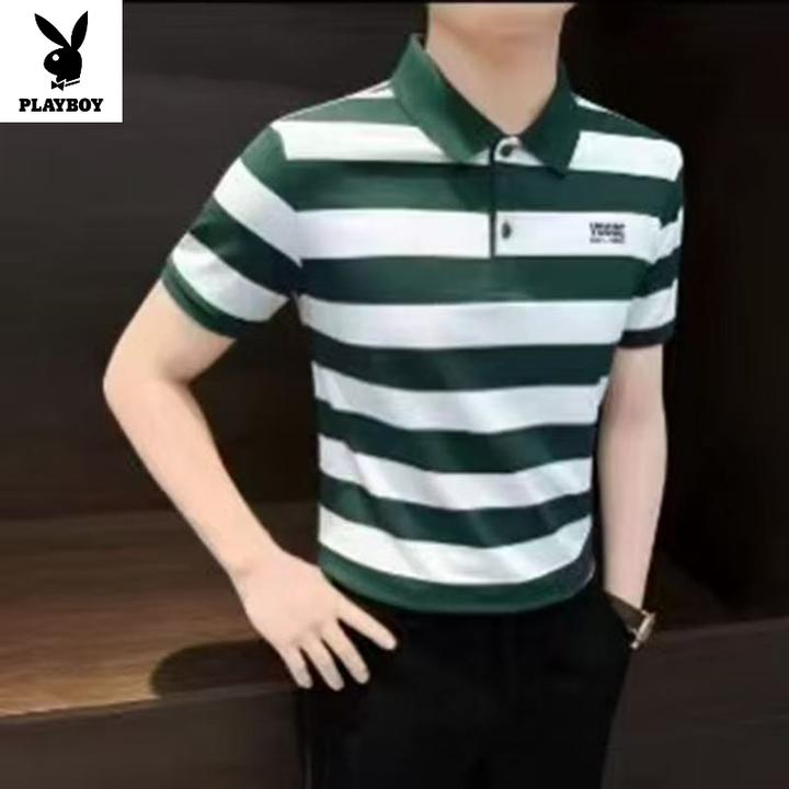 花花公子条纹Polo衫男款商务轻奢高级感夏季翻领男士短袖t恤上衣