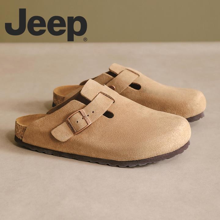 JEEP/吉普勃肯鞋男士新款真皮复古百搭包头拖一脚蹬软木博肯拖鞋