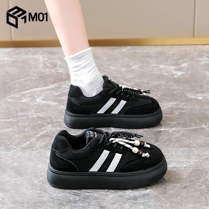 M01黑色板鞋女款新款夏季时尚松糕厚底增高德训鞋休闲运动鞋34码