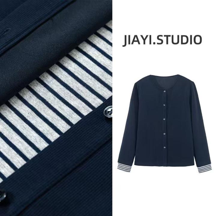 莫代尔莱赛尔秋季大码百搭时尚时尚圆领假两件拼接条纹T恤C197